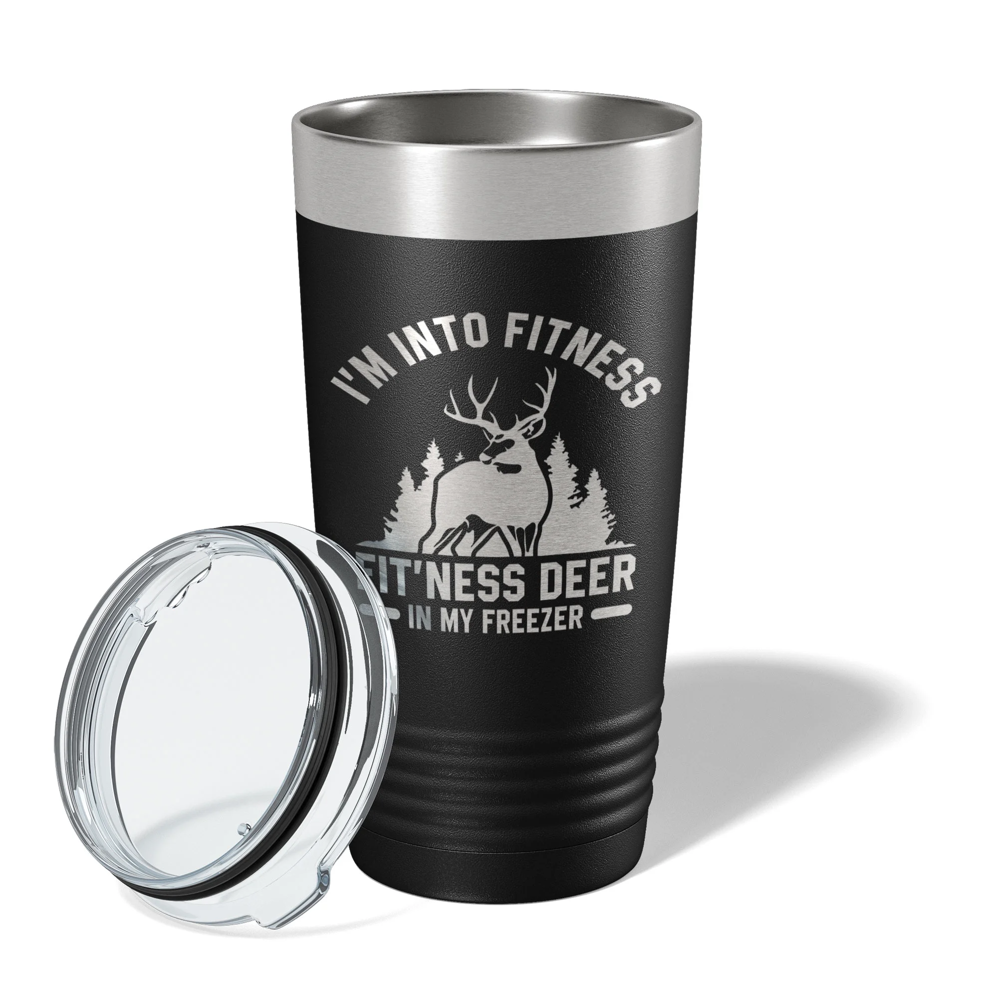 Deer Hunter Funny Tumbler Travel Mug I'm Into Fitness Fitting This Deer In My Freezer Insulated Laser Engraved Hunting Gift Coffee Cup 20 oz Black