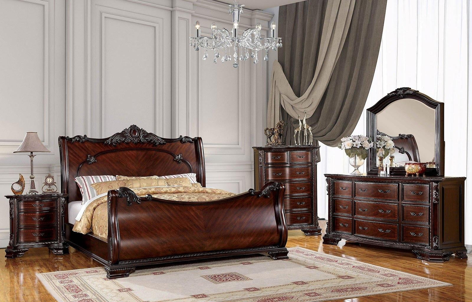 Traditional Brown Cherry Solid Wood Queen Bed FOA CM7277-Q Bellefonte