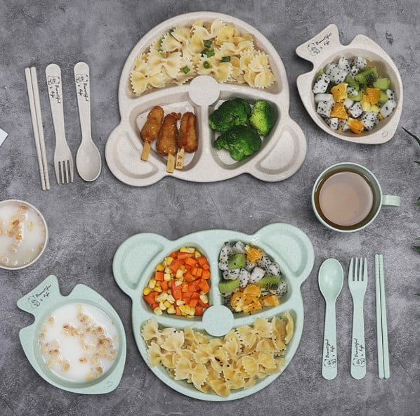 Wheat Straw Dinnerware Sets Kids Bowls Tableware Set by AKYLAR, All Natural Light and Super Strong Dishes - Freezer, Microwave & Dishwasher Safe (Green, FishDesign)