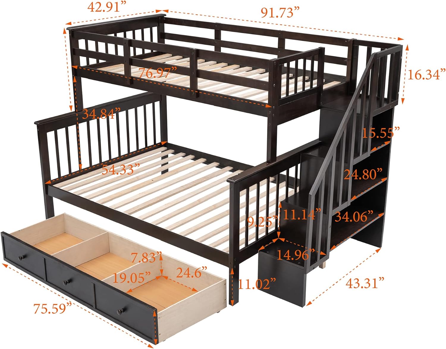 Over Full Bunk Bed With Stairs, Wood Bunk Bed Frame With Storage Drawers And Shelves, No Box Spring Needed (Espresso)