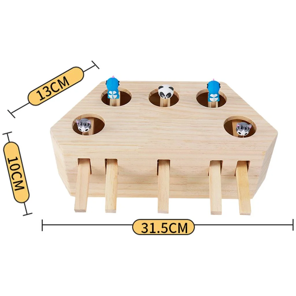 Wooden Cat Toy Box, Kitten Toy Puzzle Box with Cartoon Animal, Cat Toys - 5 Holes