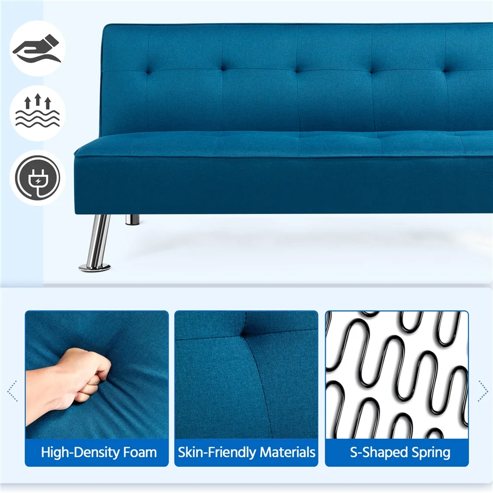 Alden Design Modern Fabric Convertible Futon with USB, Blue