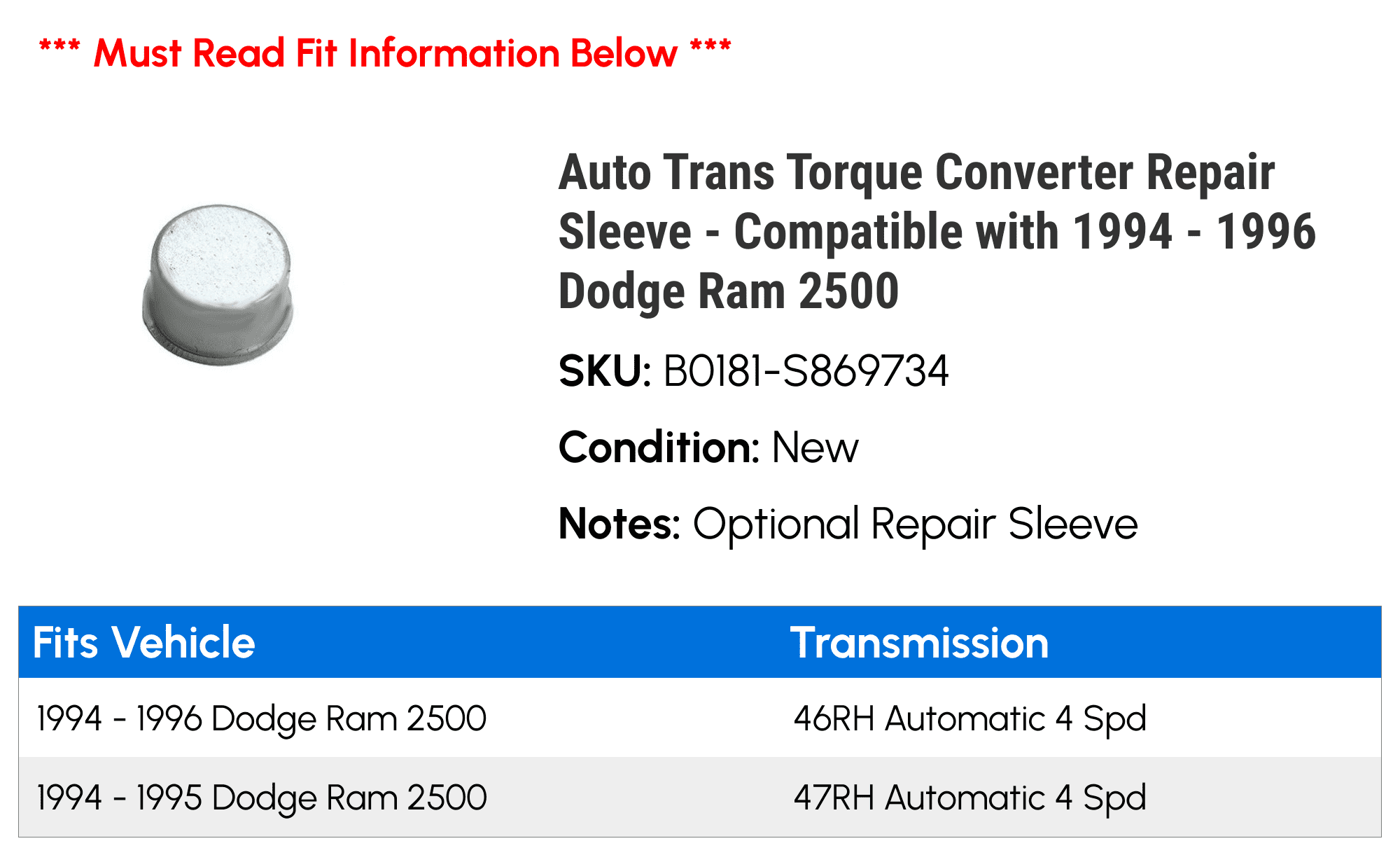 Auto Trans Torque Converter Repair Sleeve - Compatible with 1994 - 1996 Dodge Ram 2500 1995