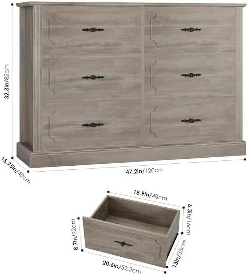 RUNFAYBIU Wood Dresser 6 Drawer  47.2'' Grey Dresser Farmhouse Dresser Chest of Drawers with Designed Drawer Surfaces  Grey Dresser with Deeper Drawer  Ash Grey