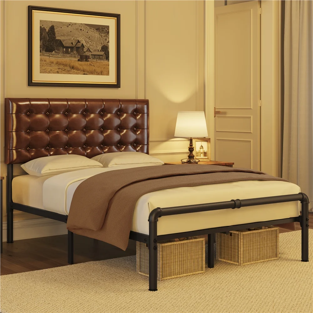 Topeakmart Queen Size Metal Bed Frame with Faux Leather Headboard, Height-Adjustable, Elegant Brown