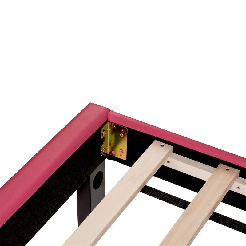 Rosebery Kids Contemporary Twin Faux Leather Bed Frame with 12 Slats in Pink