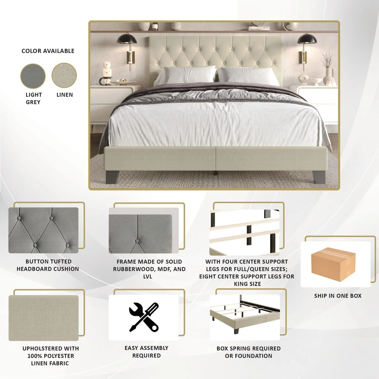 Castle Place Classic Button Tufted Linen Upholstered Bed, Light Grey, Queen