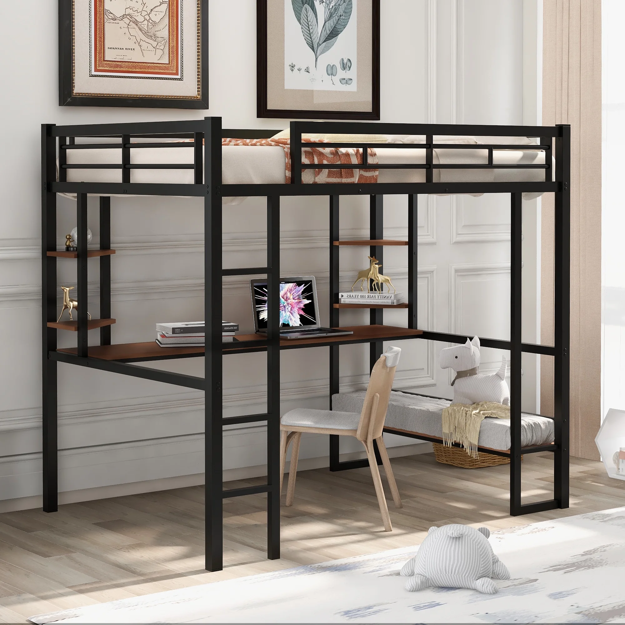 paproos Full Size Loft Bed, Metal Loft Bed Frame with Long Desk and Storage Shelves, No Box Spring Needed, Full Loft Bed with Safety Guardrail and Ladder for Kids Teens Adults, Holds 250lbs, Black
