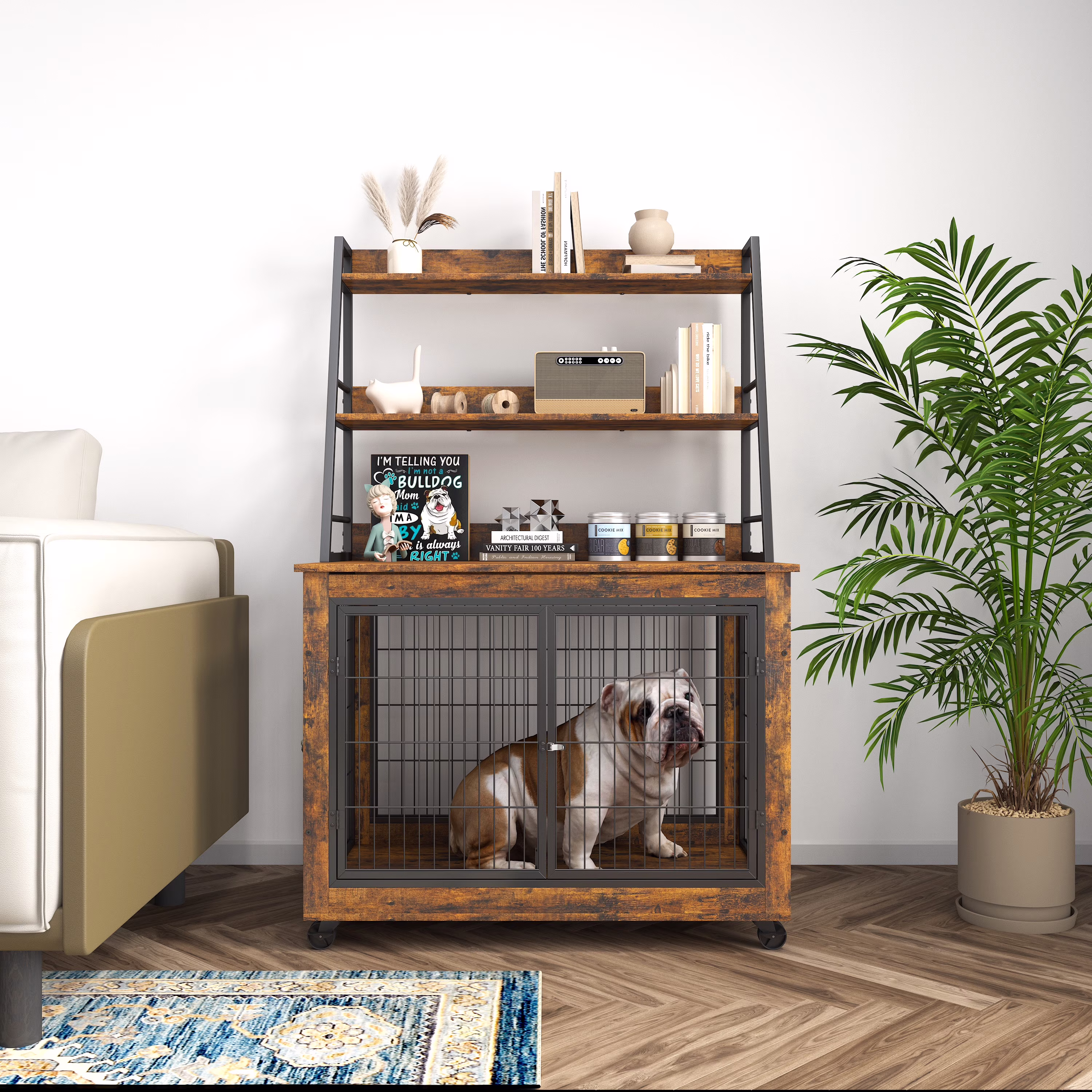 Furniture Style Dog Crate Side Table With Shelves, Equipped With Double Doors And A Raised Roof, Rustic Brown, 38.58 ''w x 25.5 ''d x 57 ''h