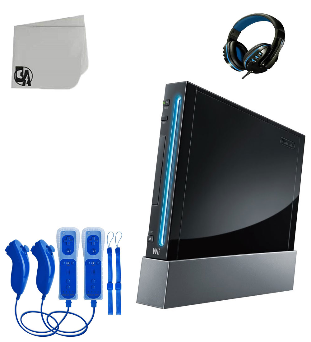 Nintendo Wii Black Gaming Console With 2 Blue Gaming Controller + Head Set BOLT AXTION Bundle Like New
