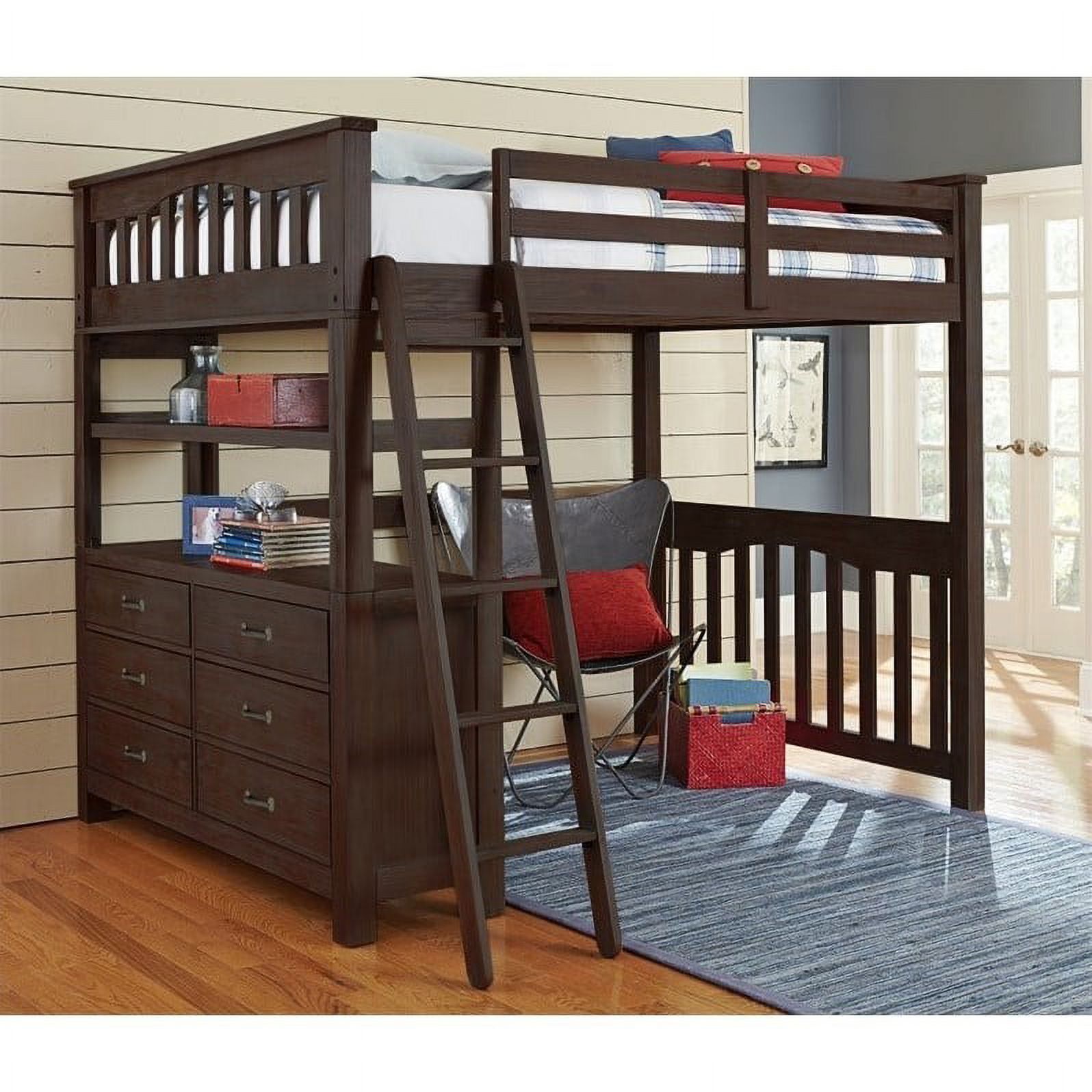 NE Kids Highlands Full Loft Bed with Hanging Shelf in Espresso