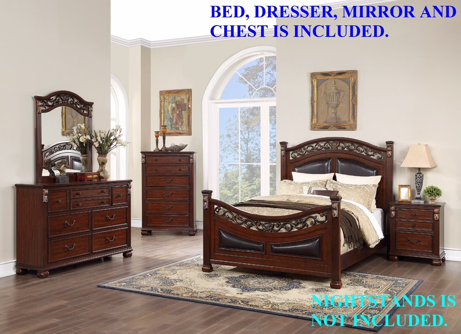 Royal Gorgeous Traditional Est King Size Bed Dresser Mirror Chest Wooden Brown Finish 4p Set Bedroom Furniture