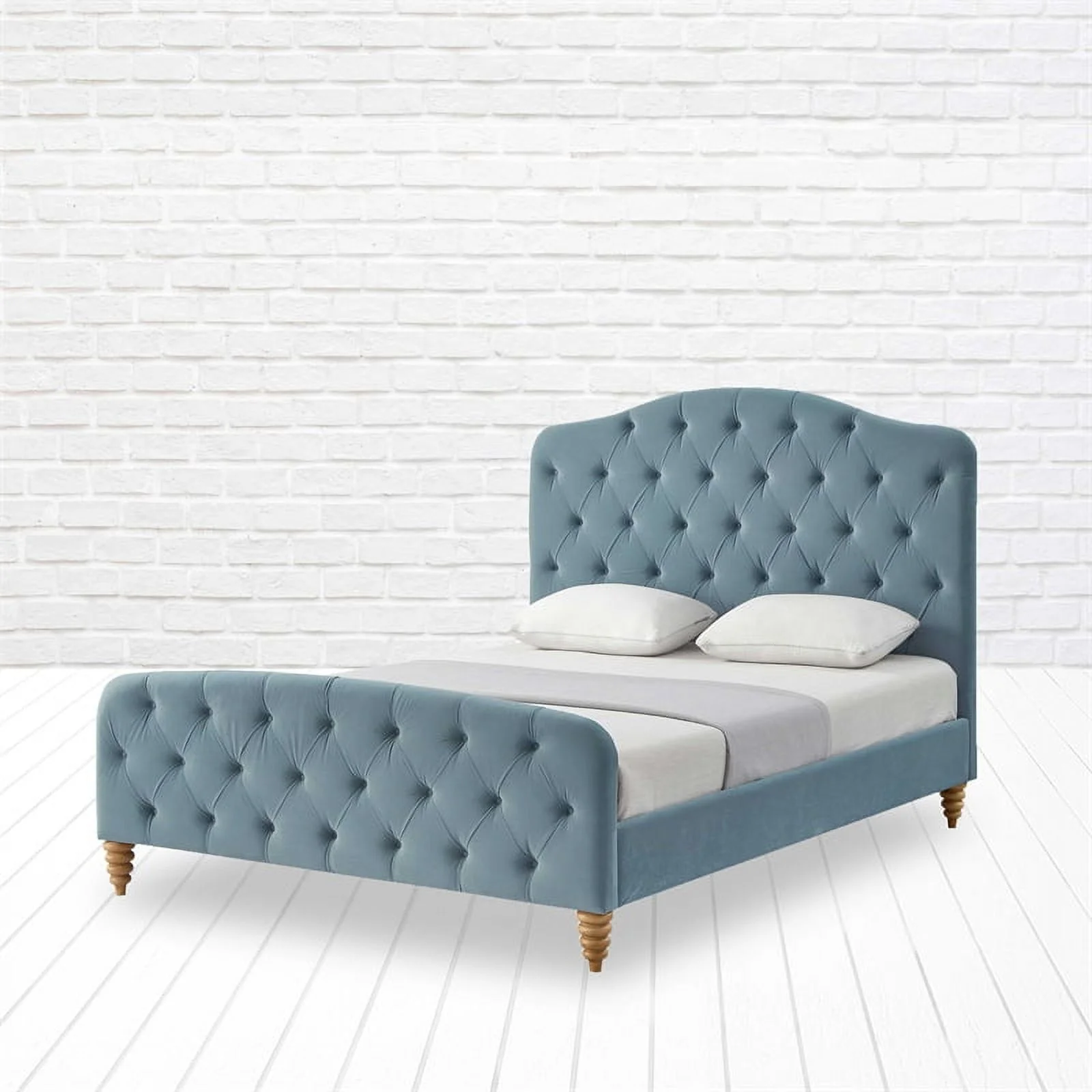 Calliope Bed Light Blue Velvet Queen Diamond Tufted Headboard and Footboard