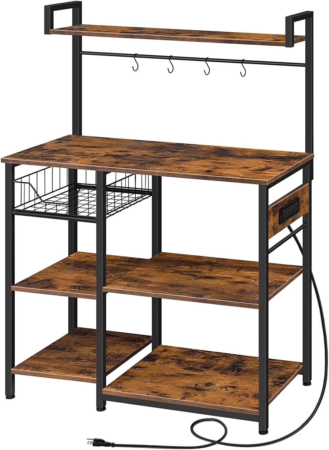 DIQIN with Power Outlet, 35.4 Inches Coffee Bar with Mesh Basket, Microwave Stand with 4 S-Shaped Hooks, Kitchen with Storage, Easy to Assemble, Black BB05HB01