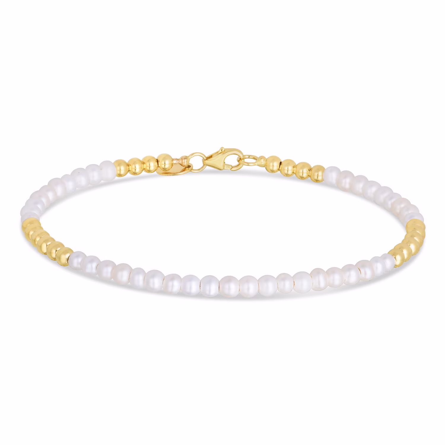 14K Gold Ball Natural Freshwater Pearl Alternating 2mm Bead Bracelet 6.5