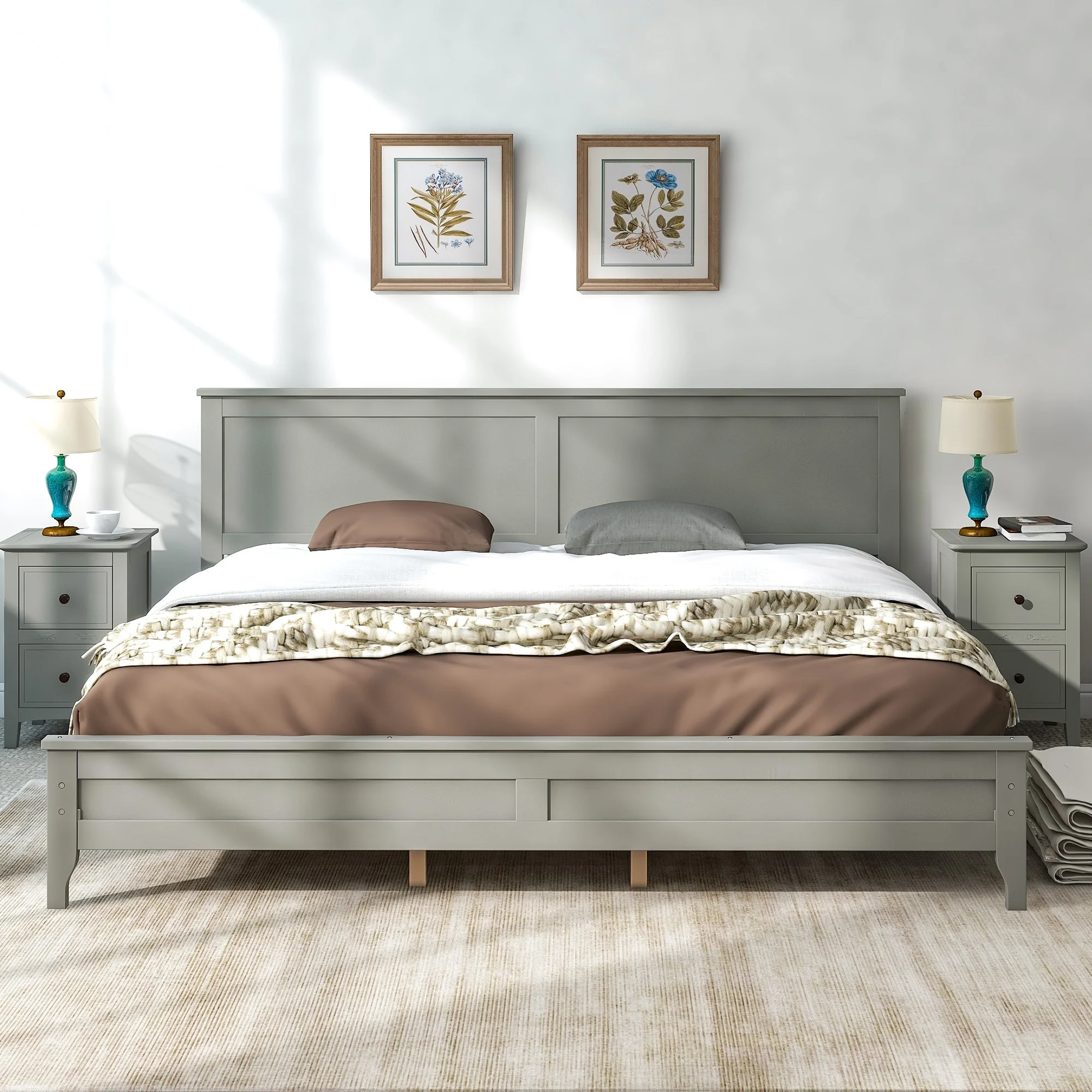 King Size Modern Solid Wood Platform Bed with Headboard, Grey