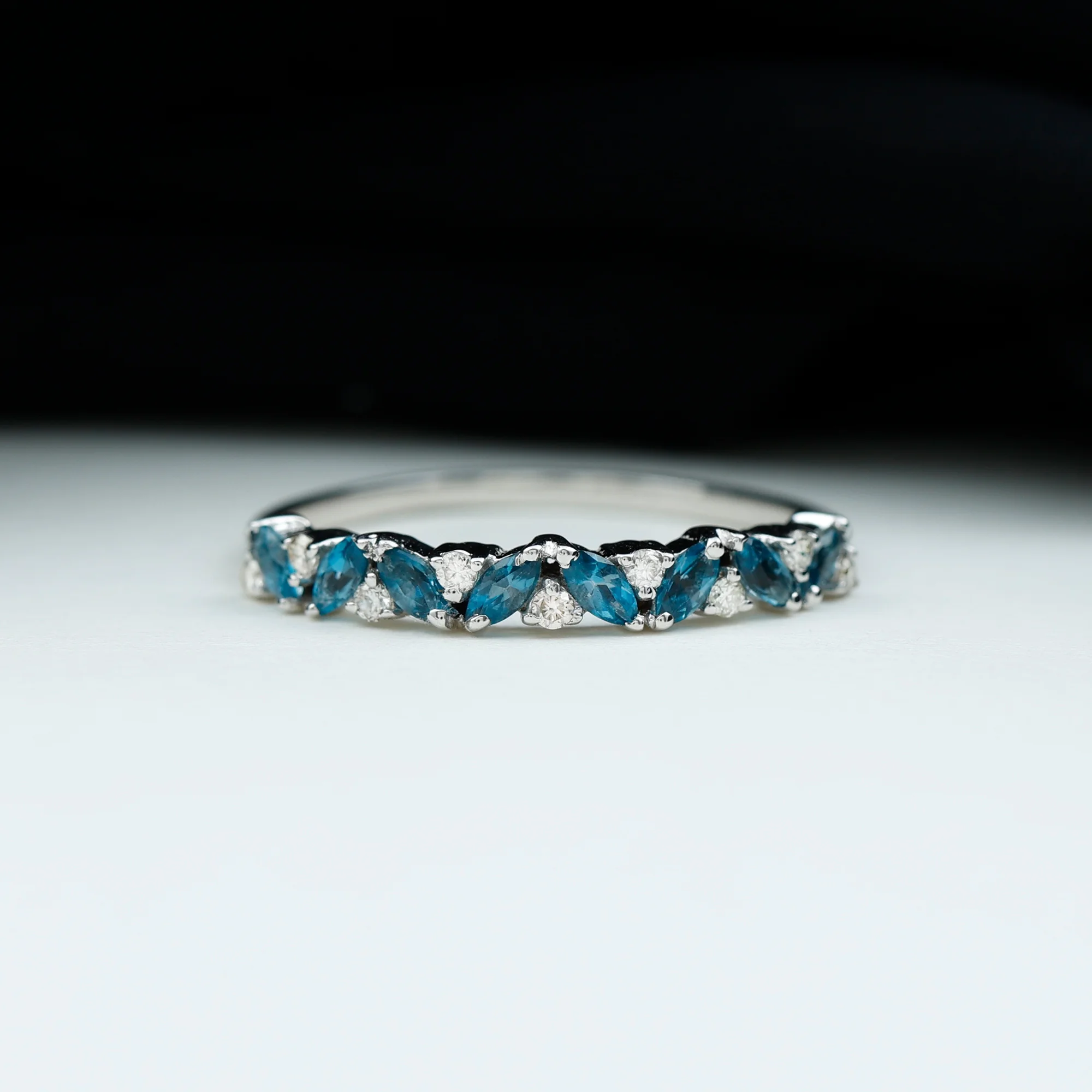 London Blue Topaz and Diamond Eternity Ring, Marquise Topaz Semi Eternity Ring, Diamond Stackable Ring, 925 Sterling Silver, US 4.00