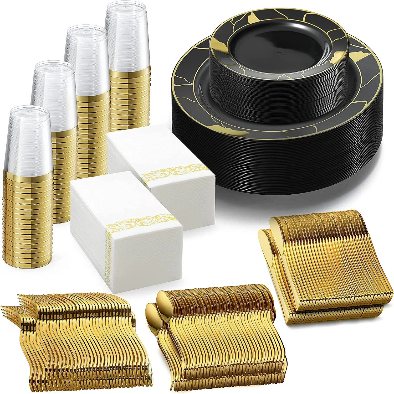 Chateau Fine Tableware 252-Piece Black and Gold Plates, Napkins, Party Supplies, Dinnerware for Adults (36 sets)