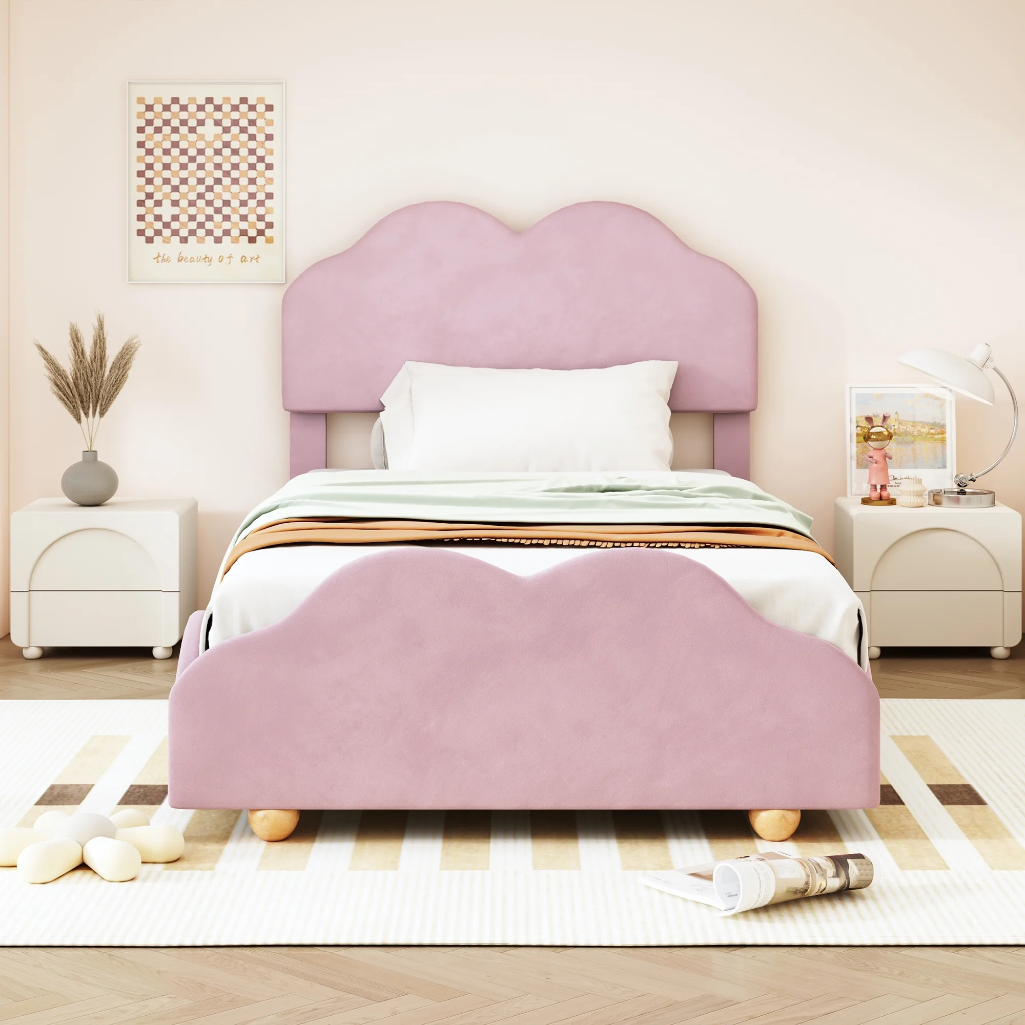 Roxona Twin Size Bed Frame Upholstered Platform Bed with Cloud Shaped bed board, Light Pink