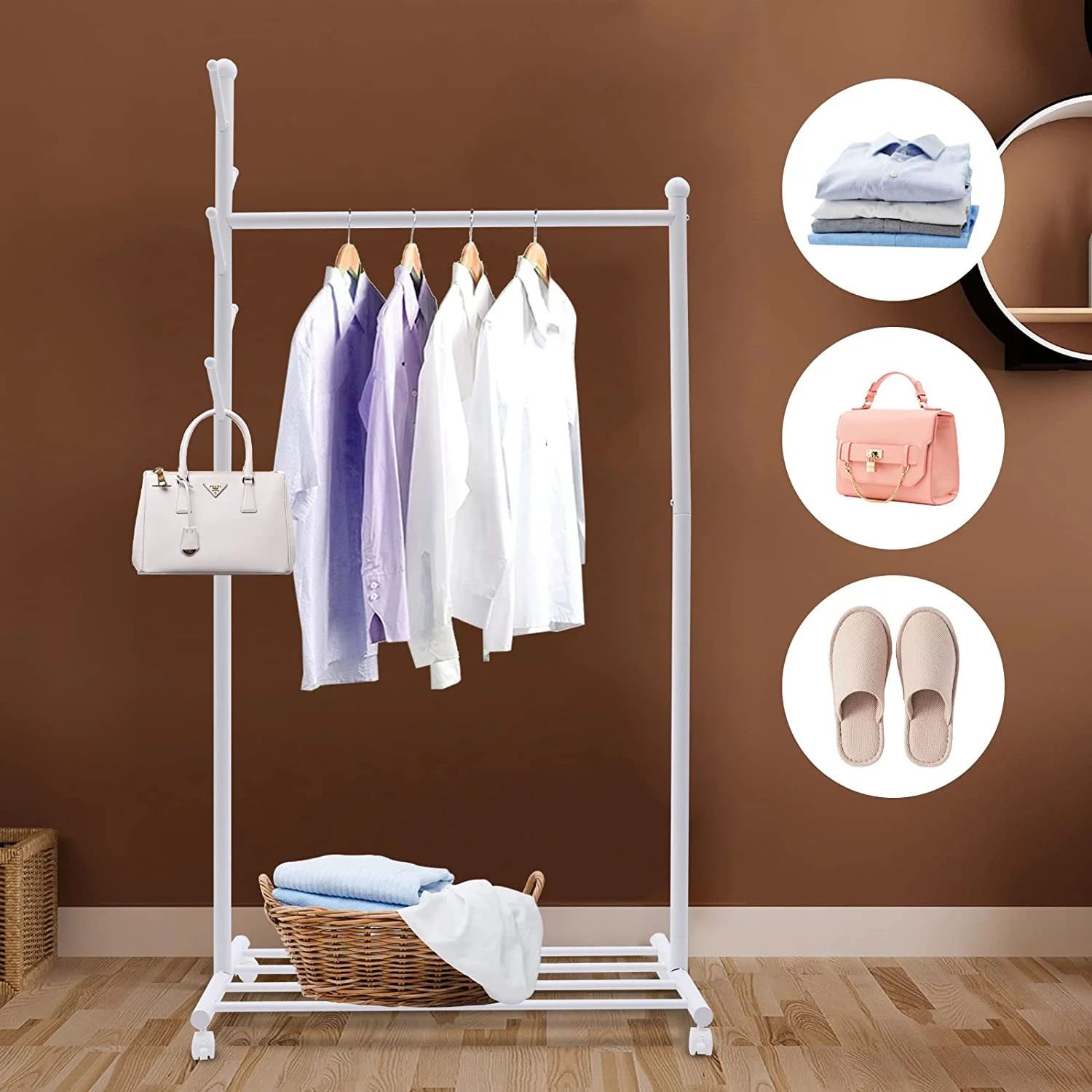 Miumaeov 3-in-1 Clothes Hanging Rack, Rolling Garment Free-standing Clothes Rack with Top Rod, Lower Storage and 5 Hooks, Lockable Wheels, Rolling Clothes Rack (White)