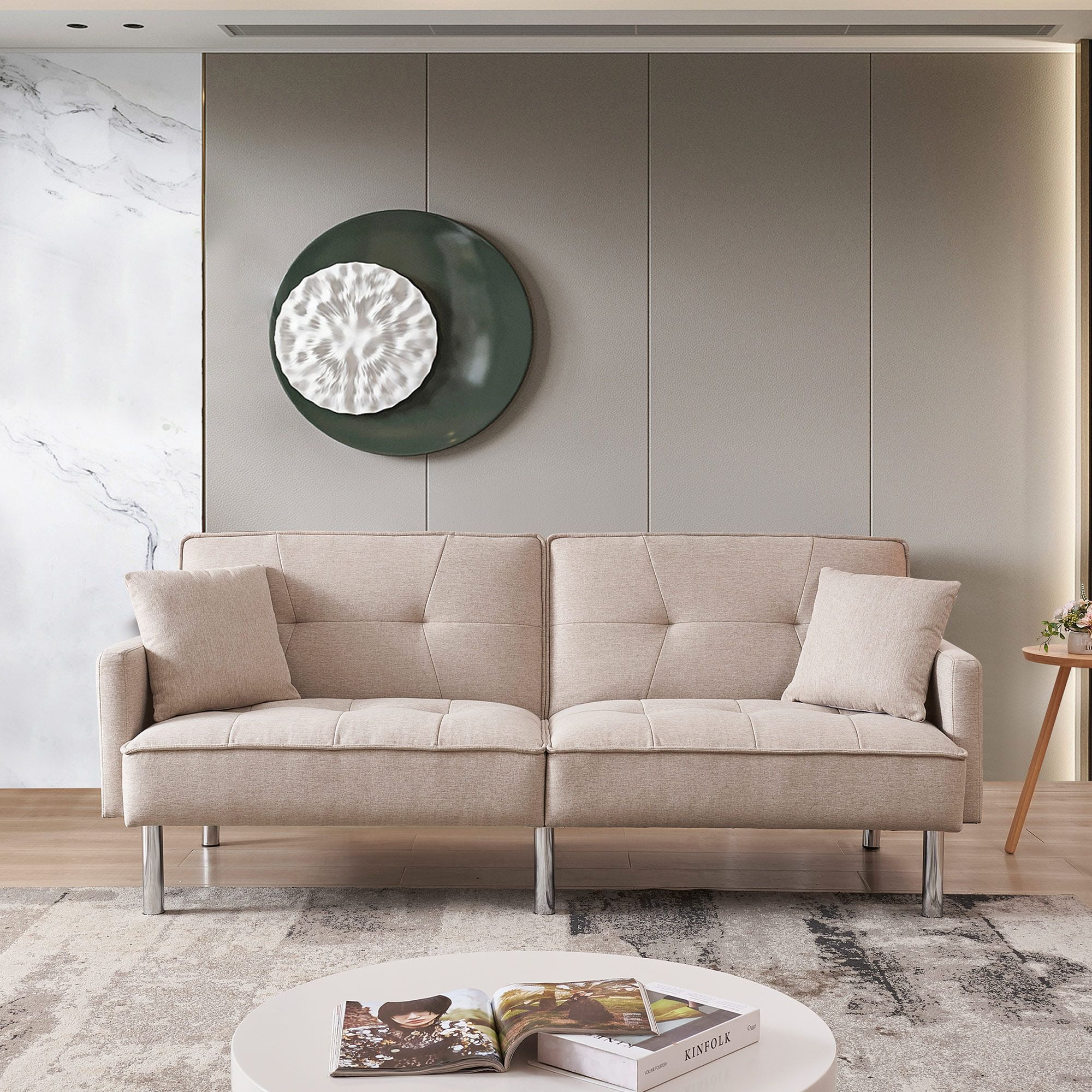 Moootto  84.6 in. Extra Long Modern Tufted Beige Fabric Futon Adjustable Sofa Bed & Folding Daybed Guest Bed, Upholstered Modern Convertible Sofa