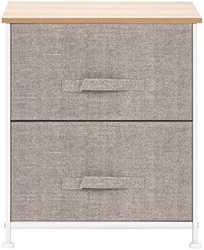 KBANZIBIU 2 Drawers -Night Stand  End Table  Tower - Sturdy Steel Frame  Wood Top  Easy Pull Fabric Bins - Organizer Unit - Textured Print  Linen/Natural Simple  Stand Organizer MITPATY
