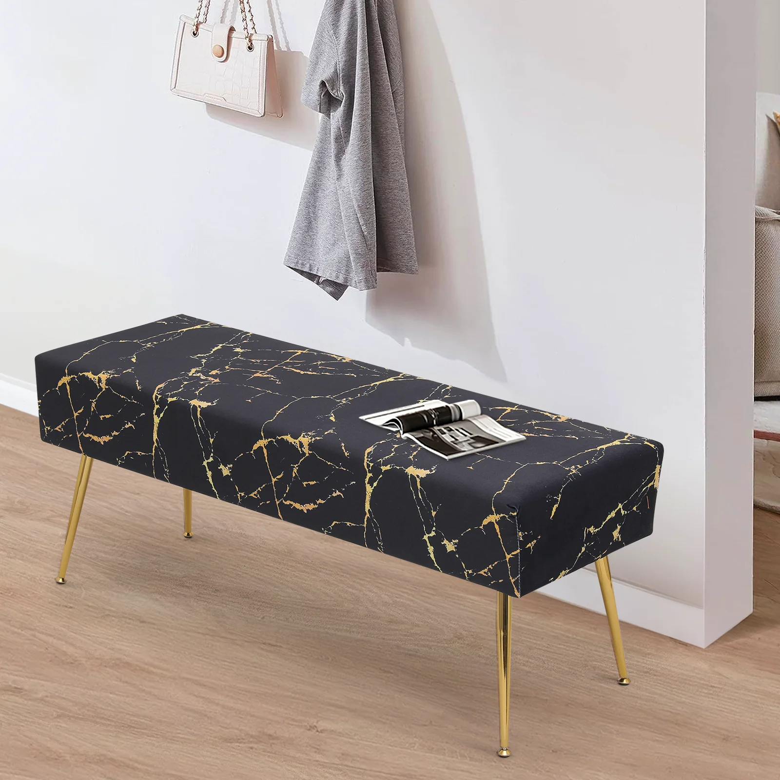 Magshion Rectangular Tufted Velvet Marbling Pattern Ottoman, Entryway Microfiber Shoe Stool, Bedroom End of Bed Bench, Home Footrest Footstool, Black/Gold