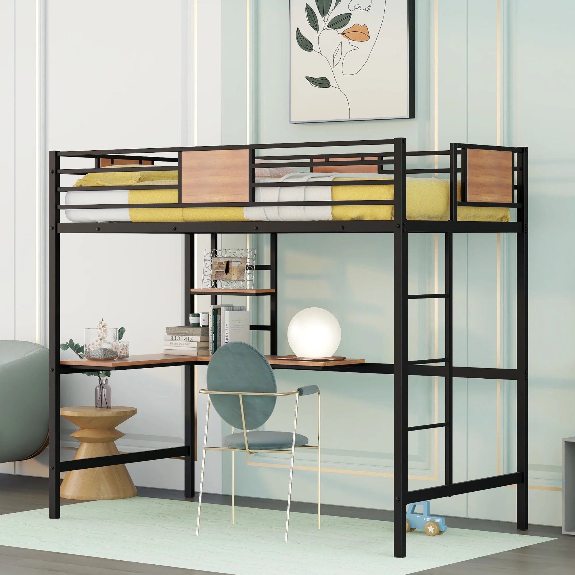 Bellemave Twin Metal Loft Bed with L-Shape Desk and Shelve,Sturdy Metal Loft Bed Frame with Guardrail for Kids,Teens, Black