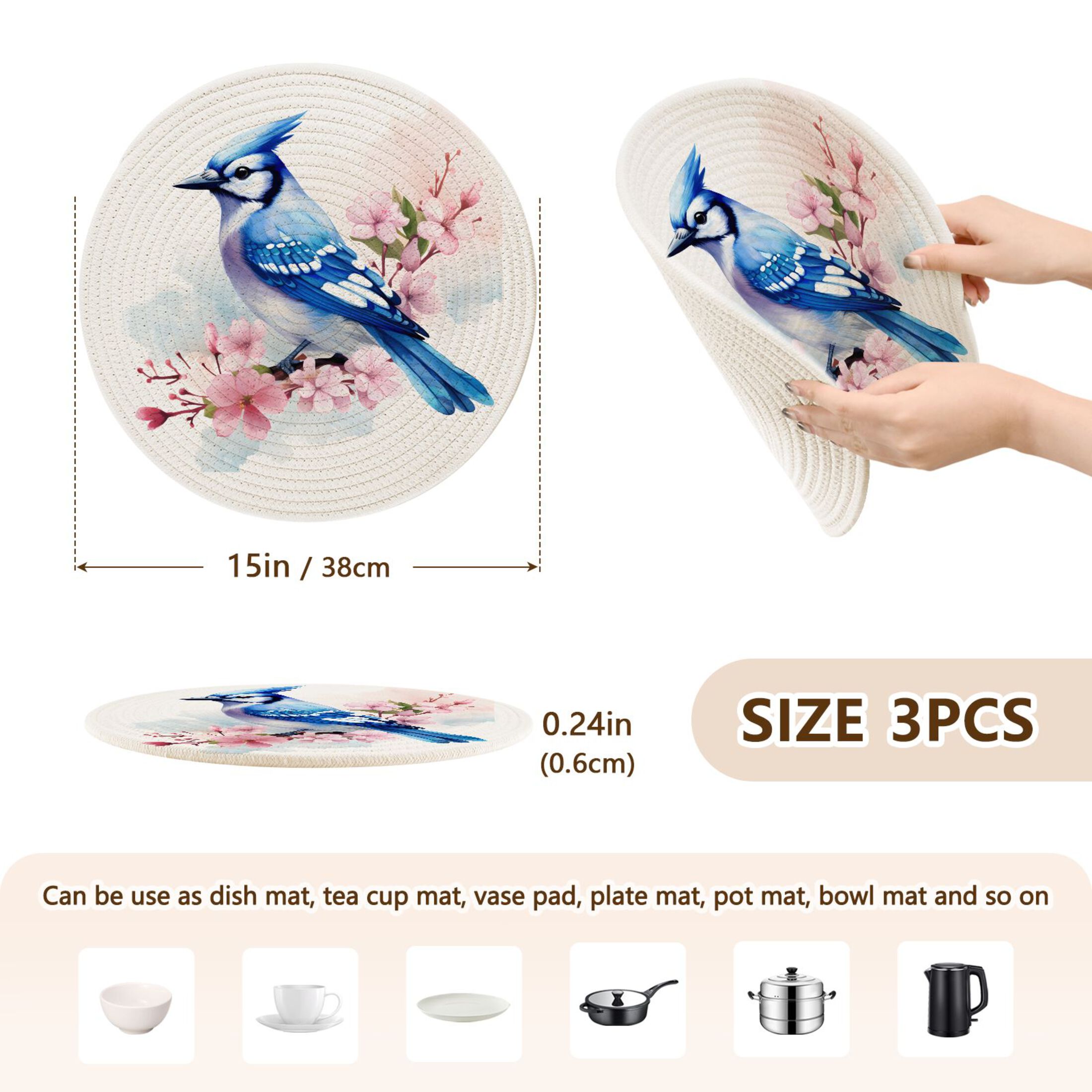 Birds and Cherry Flowers 3 PCs Pot Holders Trivets Kitchen 15