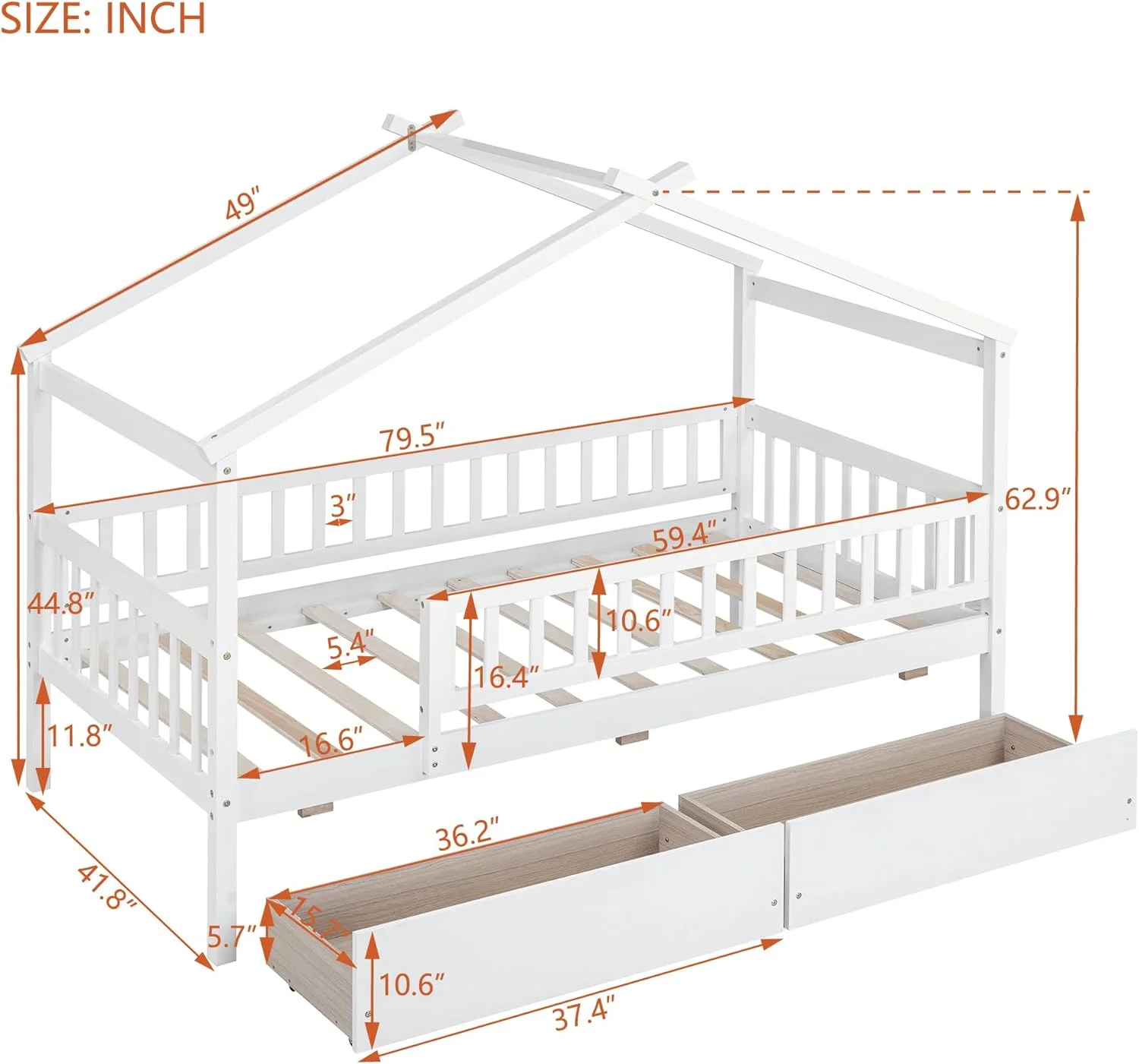 House Daybed With Storage Drawers For Kids, Wood House Platform Bed Frame For Boys Girls, Full-Legth Fece, o Boxig Sprig eeded, White