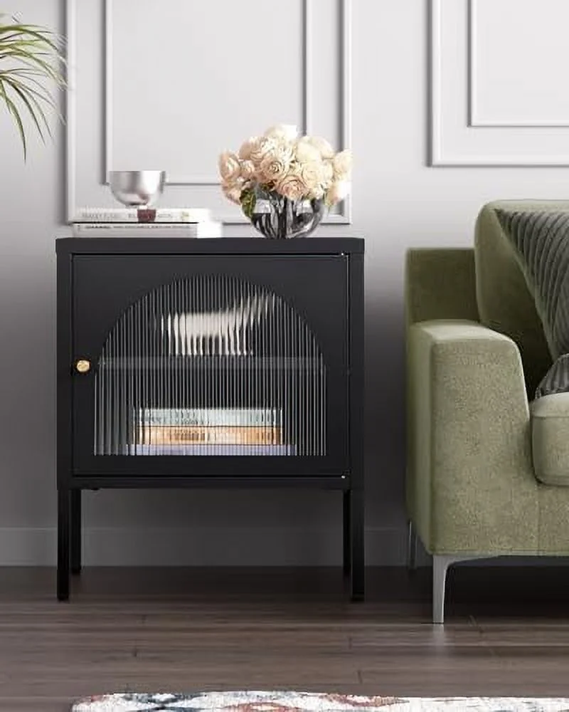 RUNFAYBIU Bedside Table Nightstands  - Black Modern Night Stand with Corrugated Tempered Glass  Steel Frame     Black End Table Bed  for Home Bedroom