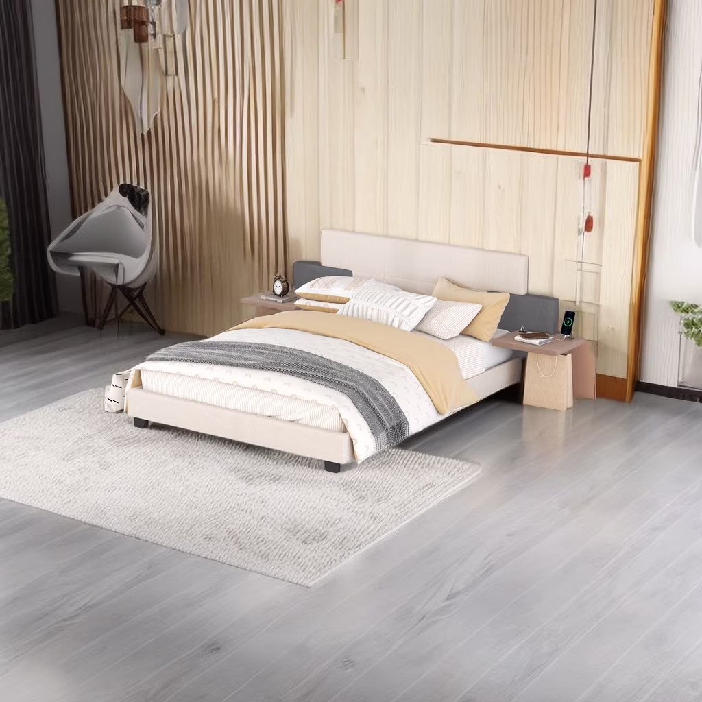Queen Size Upholstered Platform Bed with Headboard and Bedside Shelves,Wood Bed Frame USB Charging Port Design,No Spring Box Needed,for Bedroom,Apartment