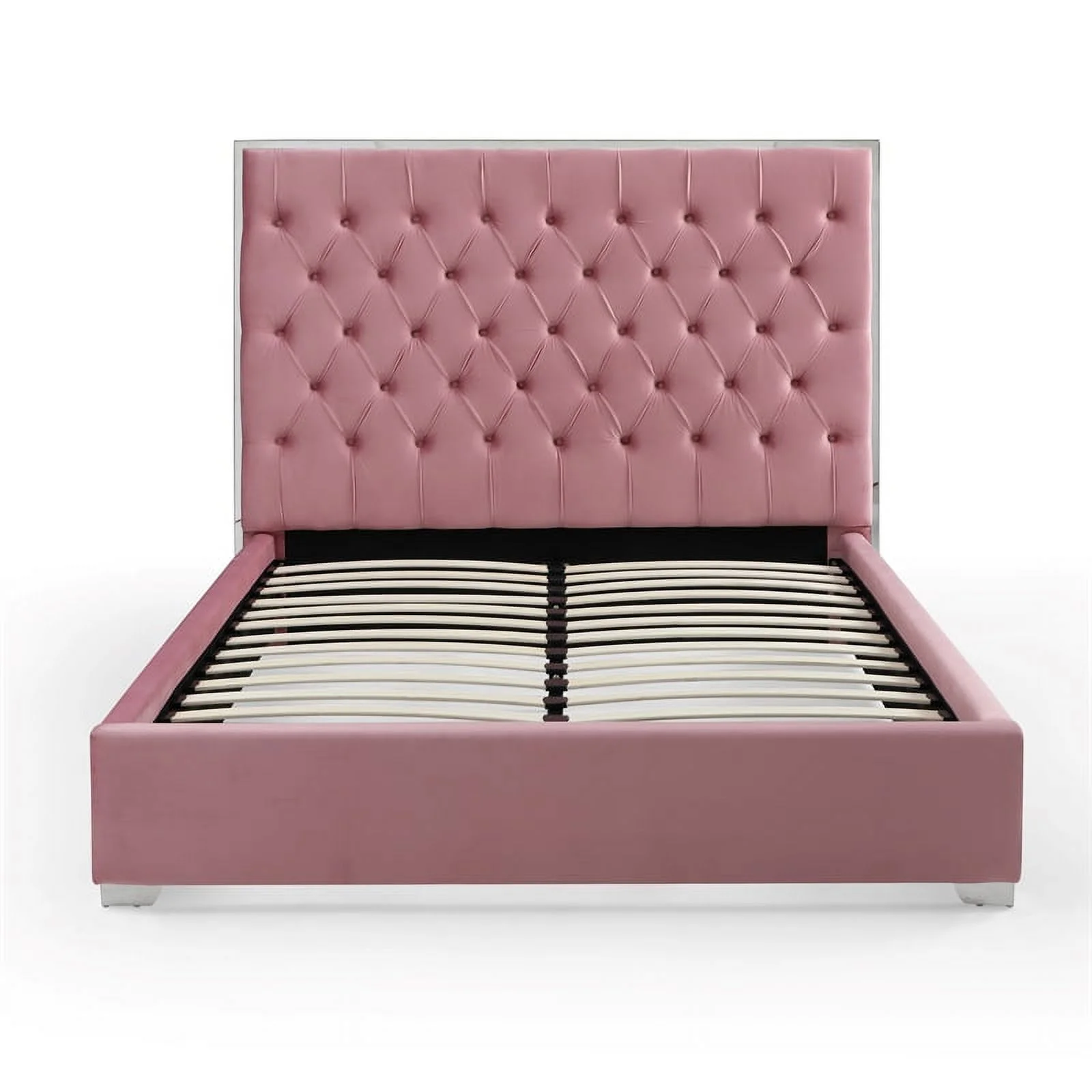 Better Home Products Sophia Velvet Queen Bed with Silver Metal Frame in Pink