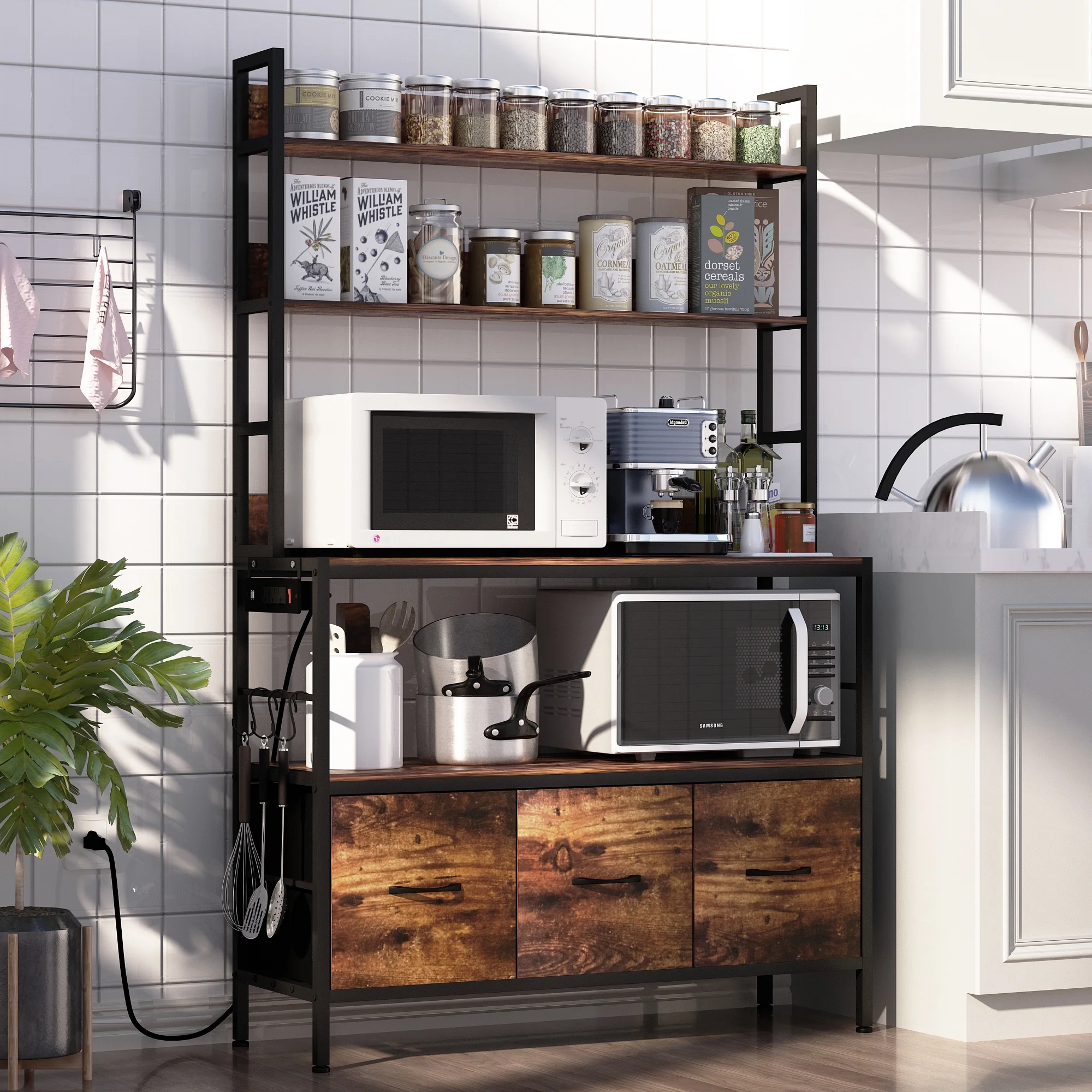 NAIYUFA Bakers Rack Large Capicity Brown 5-tier ,3 Pull Out Baskets Wood Kitchen Shelf with Power Outlets