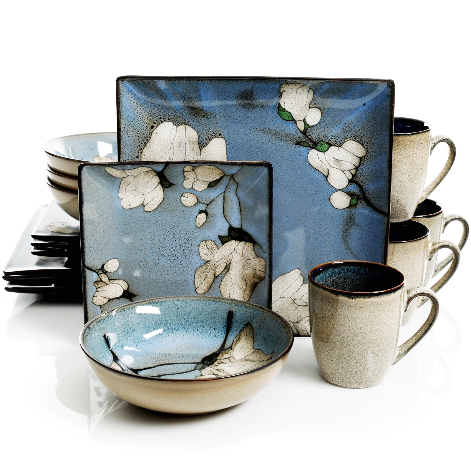 Gibson Bloomington 16 Piece Stoneware Square Dinnerware Set in Blue Floral