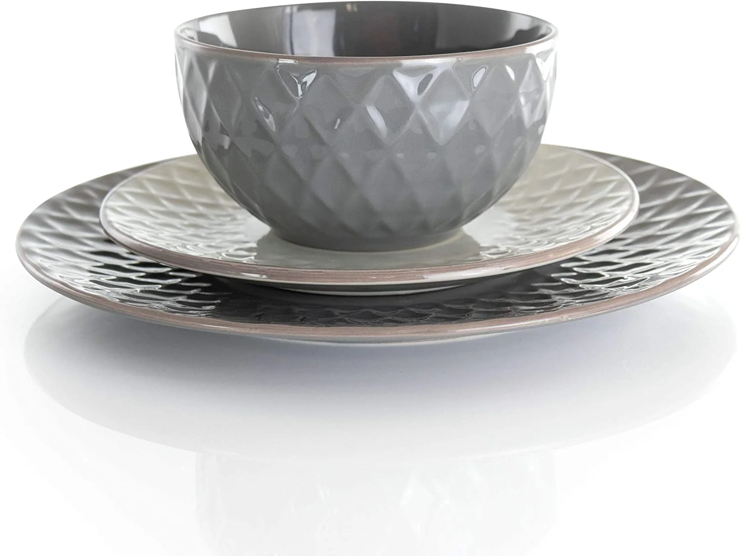 Elama Tahitian Diamond 16 Piece Stoneware Dinnerware Set in Slate and Pearl