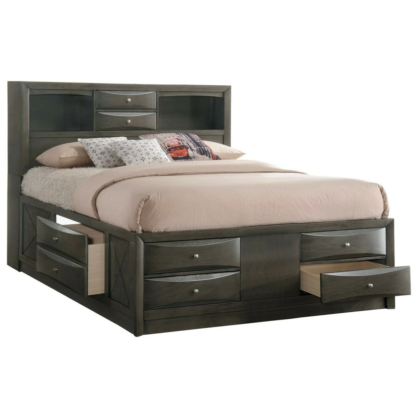 Contemporary Gray Finish 3pc Queen Size Captains Bed Set Storage Drawers Solid Wood Bedroom Furniture