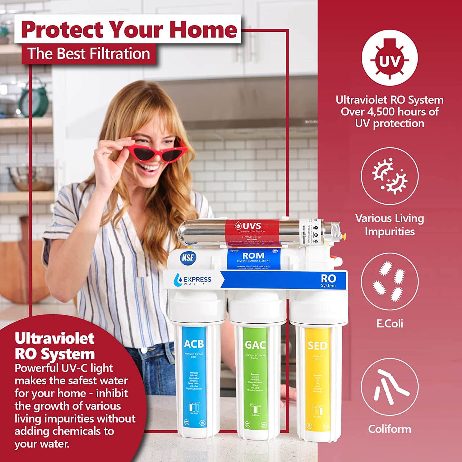 WAGEE Reverse Osmosis Ultraviolet Water Filtration System – 100 GPD (Modern Brushed Nickel Faucet)