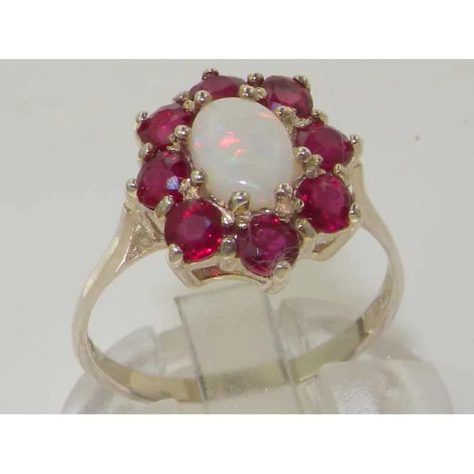 LBG British Made 18k White Gold Natural Opal & Ruby Womens Engagement Ring - 33 size options - Size 4.75