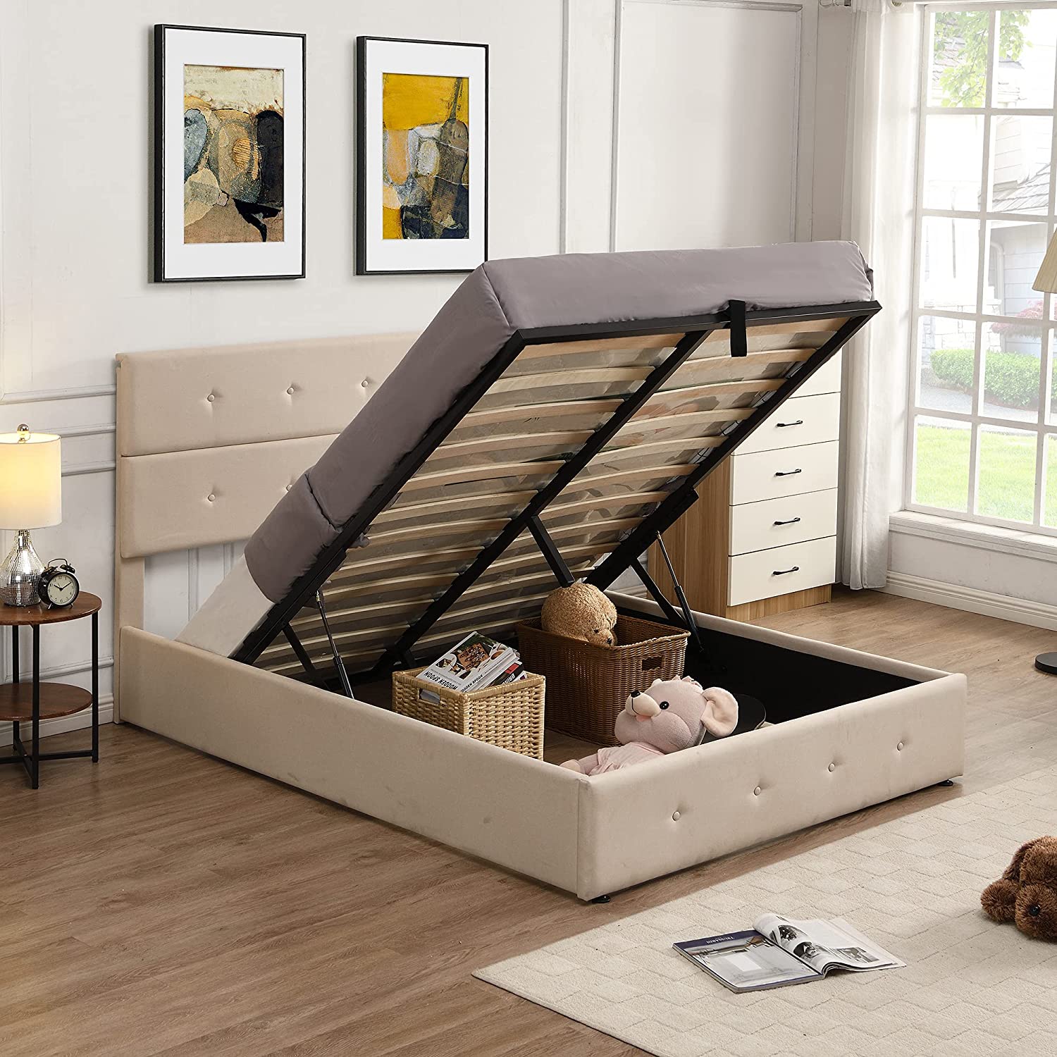 Plaform Bed Frame Wih Sorage Udereah, Lif Up Sorage Bed Full Size Wih Headboard, Gas Lif Sorage Bed, Full Upholsered Plaform Bed Wih Udereah Sorage Beige