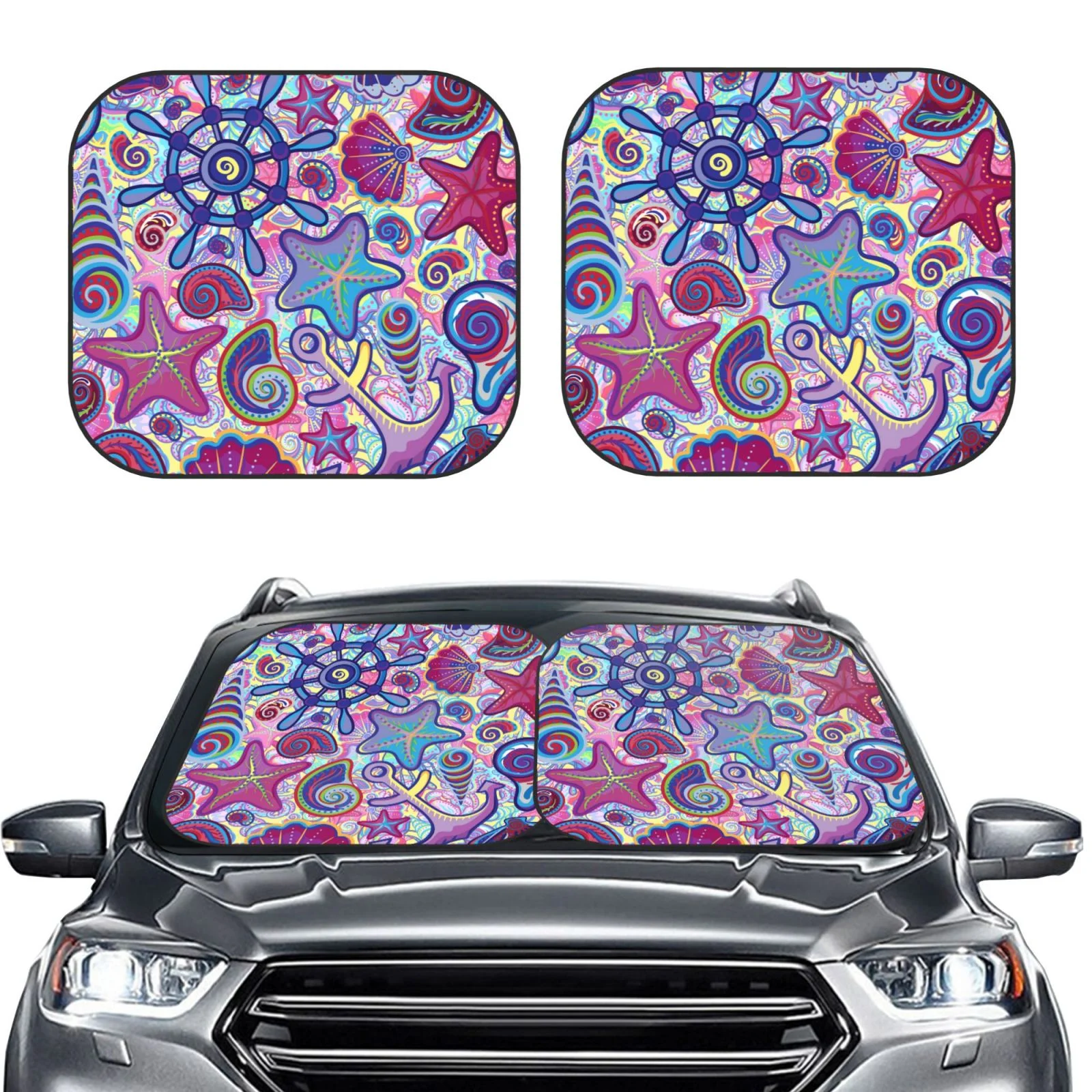 Lukts Cute Nautical Print 2 Piece Car Sun Shade Windshield,Foldable Car Shade Front Windshield With Keeps Your Vehicle Cool, For Most Sedans Suv And Trucks - Small