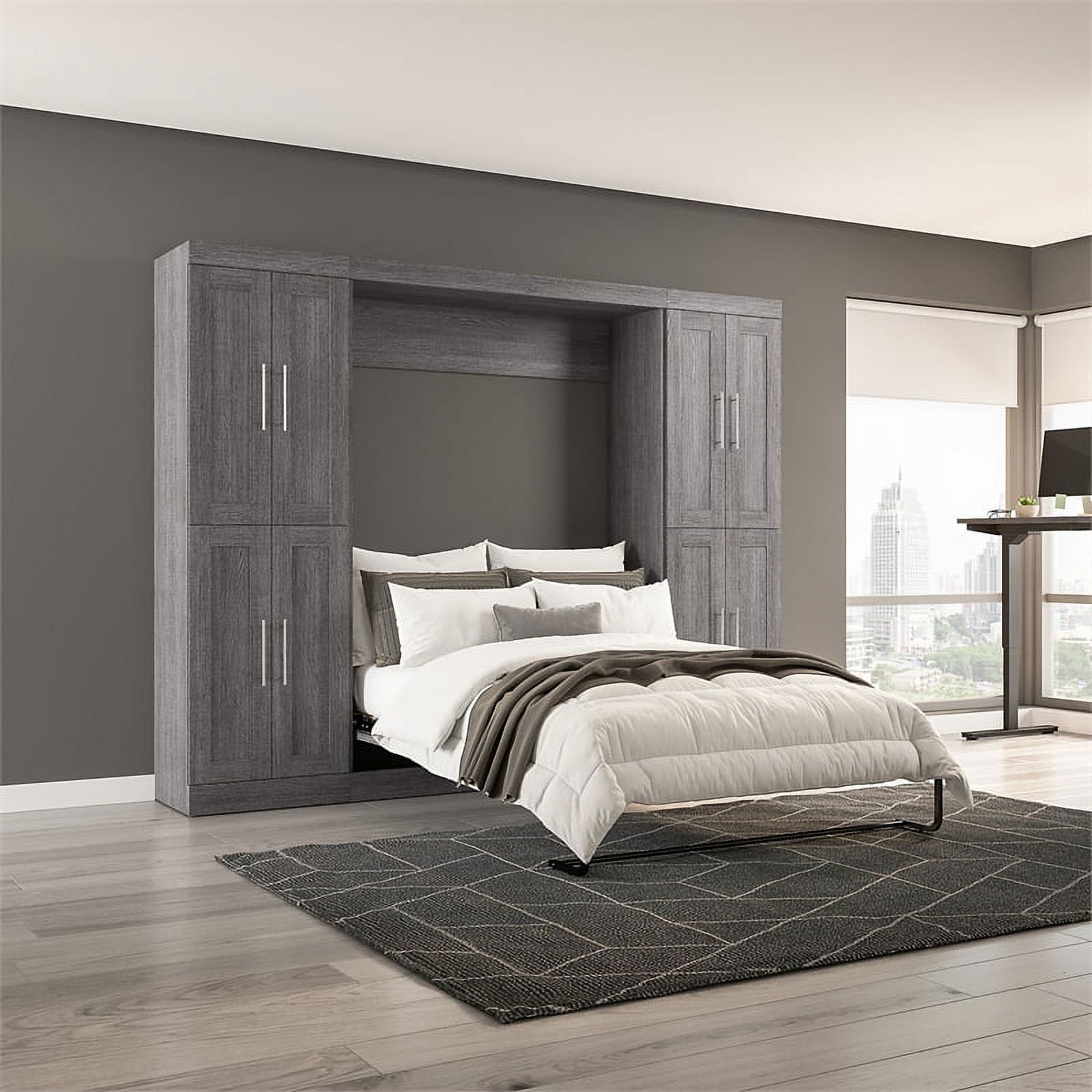 Bestar Pur Engineered Wood Full Murphy Bed with Storage Cabinets in Bark Gray