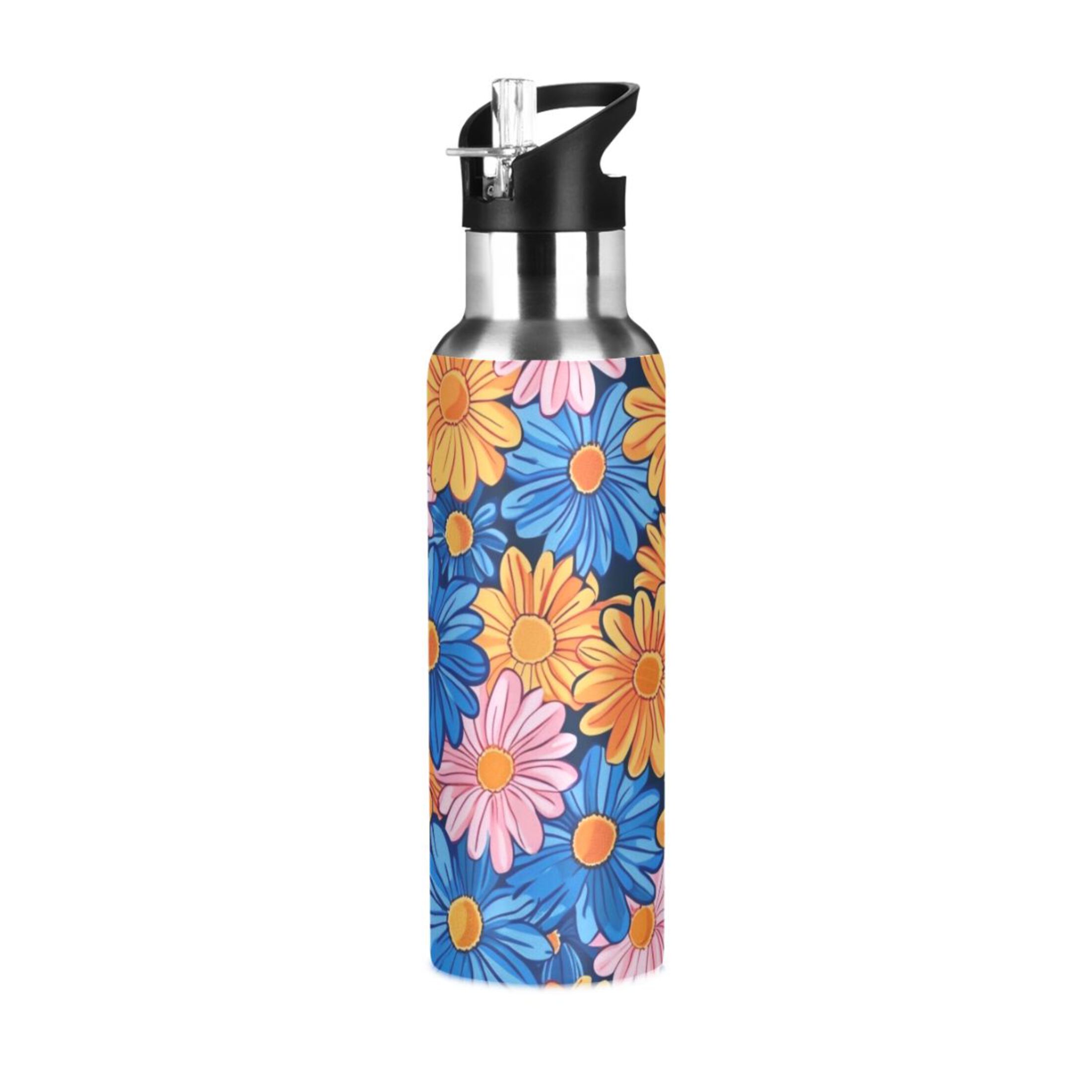 Orange and Blue Flowers Water Bottles Insulated Thermos Kids Stainless Steel Bottle with Straw Lid Flask Leakproof for Sports Gym 20 oz
