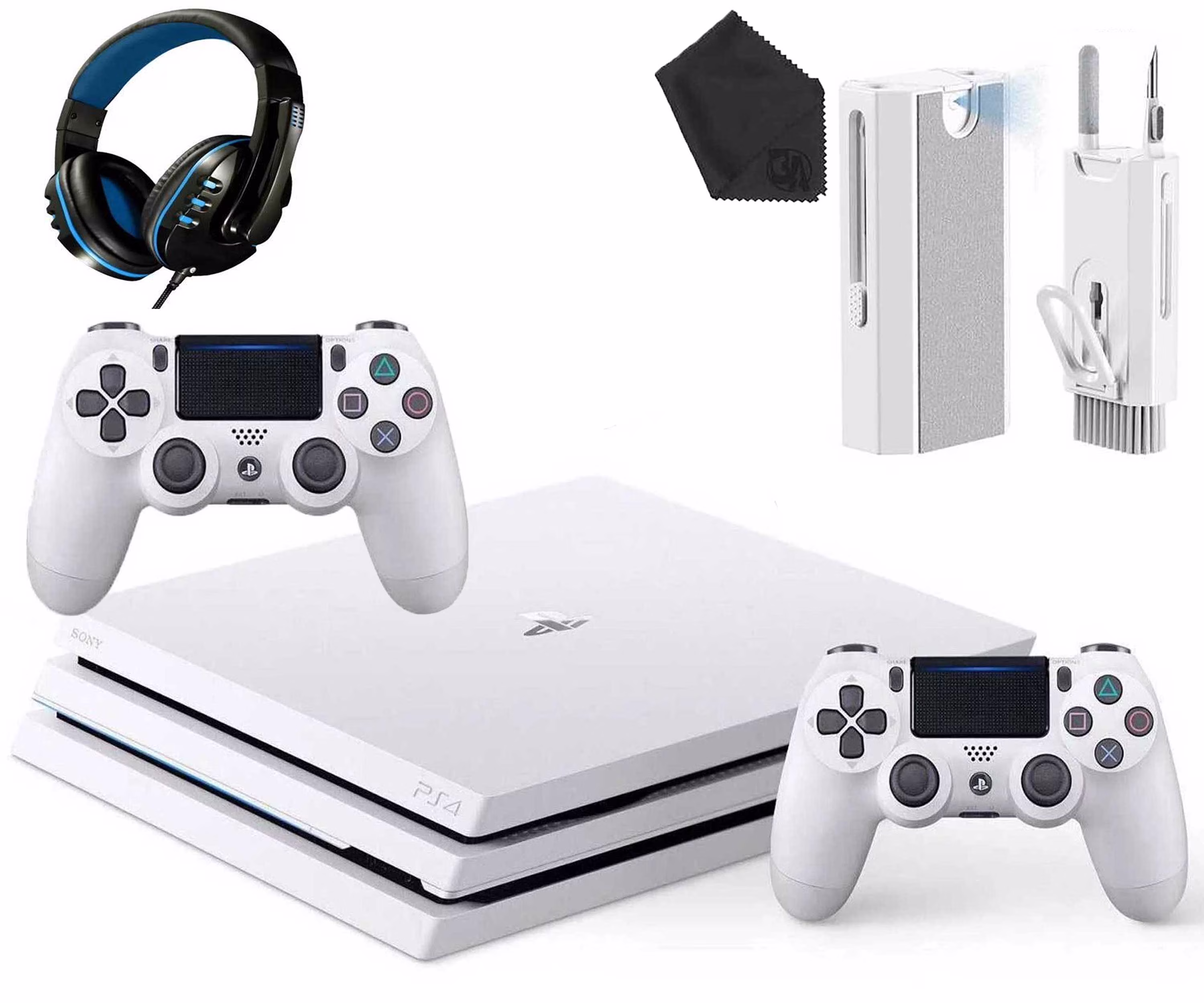 Sony PlayStation 4 Pro Glacier 1TB Gaming Console White, Headset 2 Controller With Cleaning Kit Like New