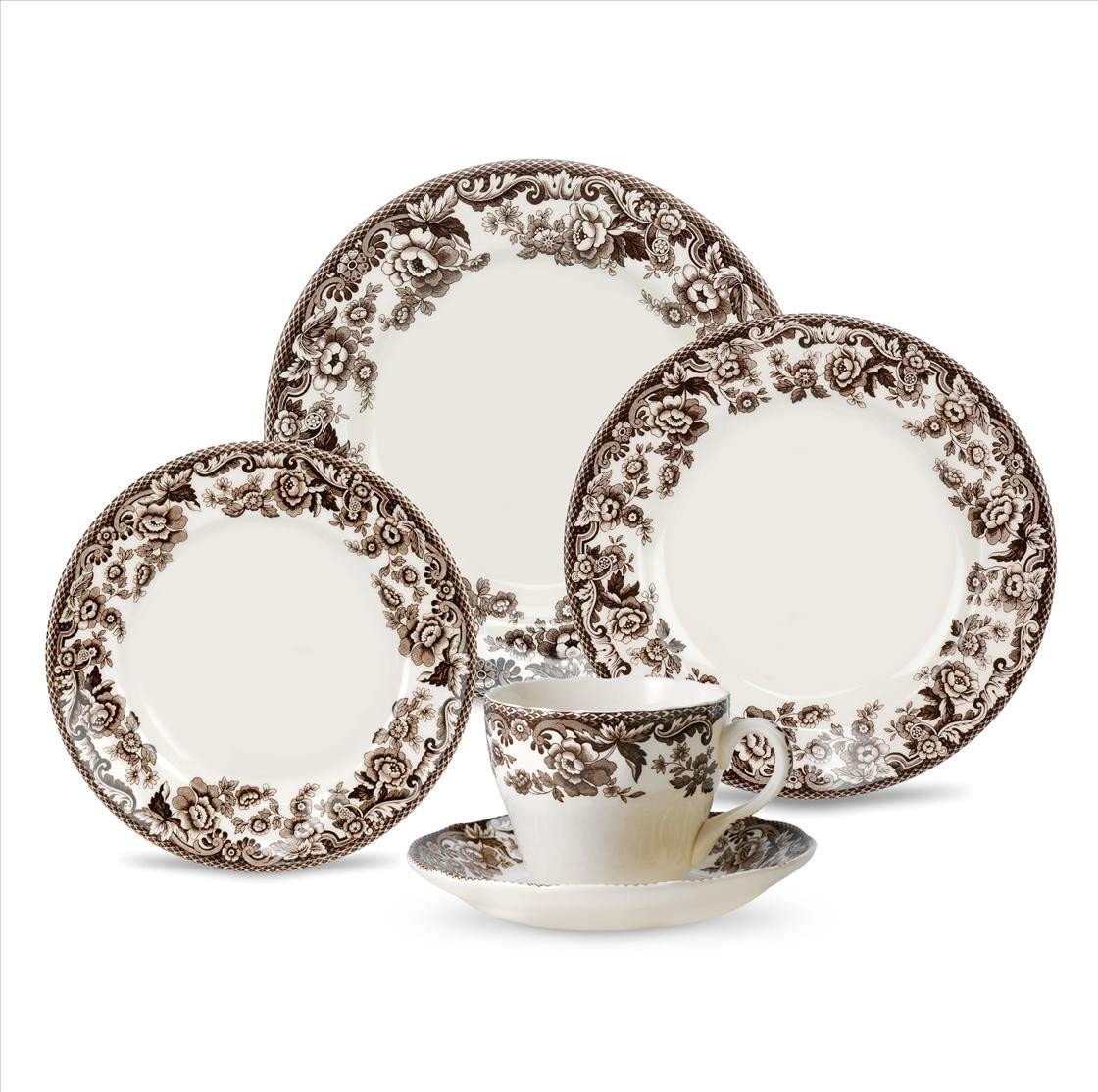 DIQIN Delamere 5 Piece Place Setting, Brown Earthenware, Includes Dinner Plate, Salad Plate, Bread Plate, Teacup and Saucer, Microwave and Dishwasher Safe
