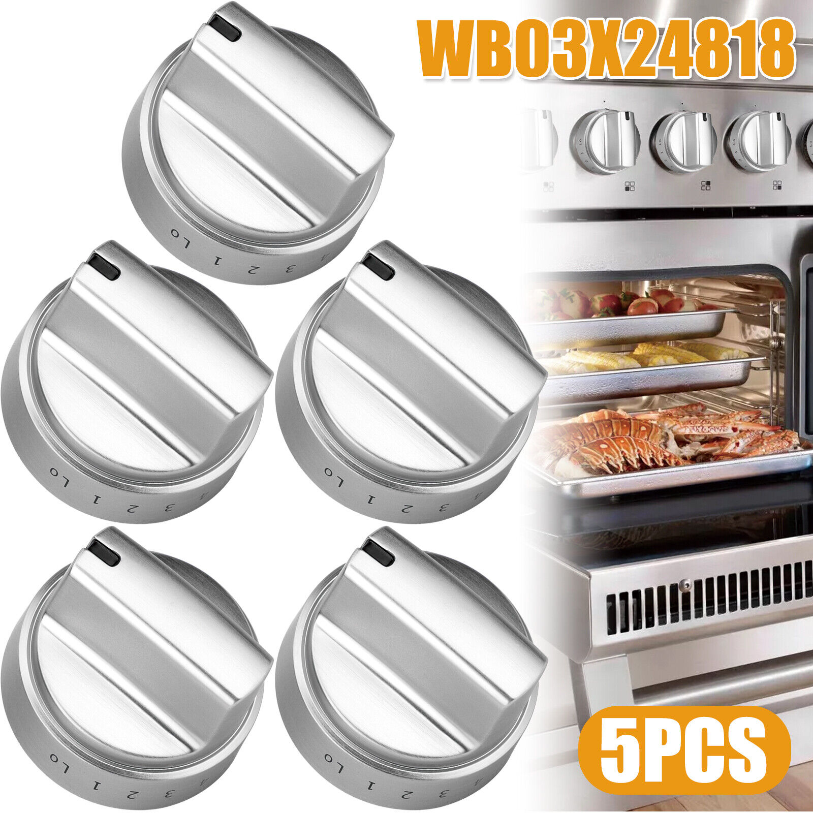5 PCS Stainless Steel Control Knobs For GE Gas Range Stove WB03X24818 AP5989029