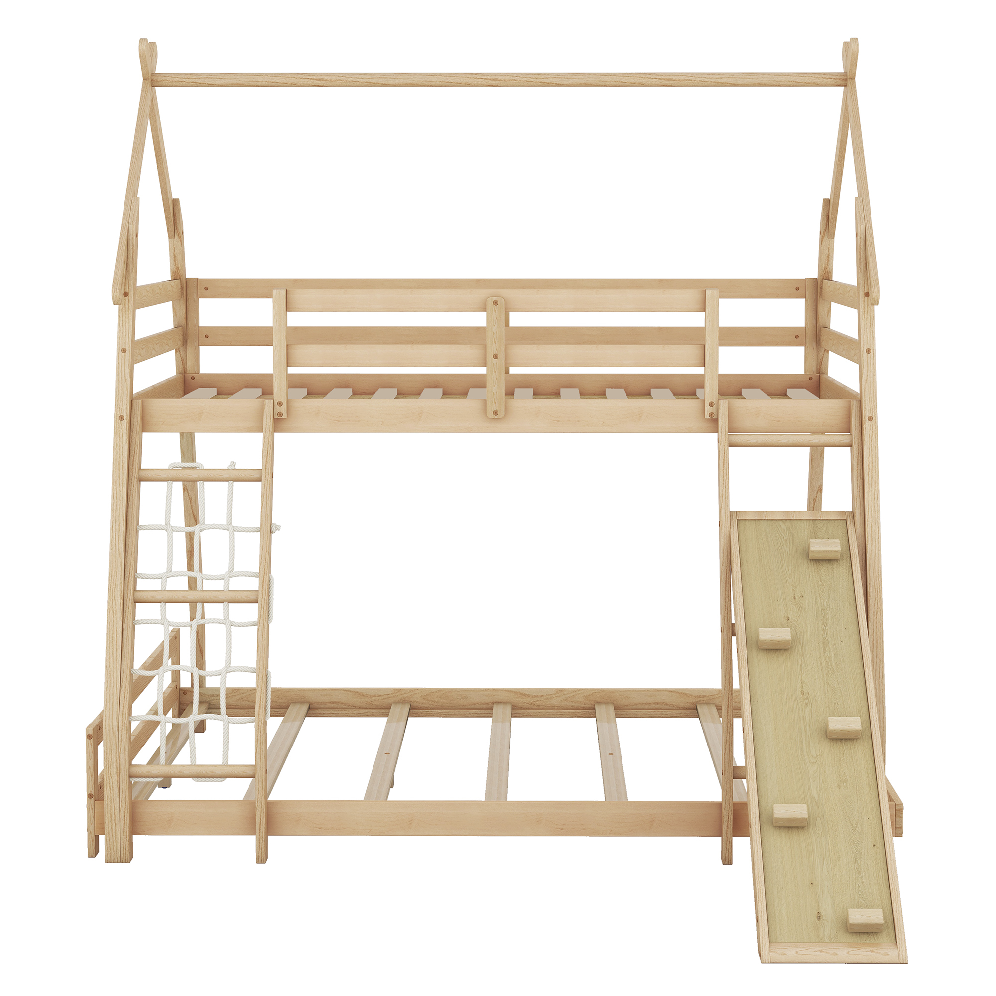 Dawn Whisper Twin over Queen House Bunk Bed with Climbing Nets and Climbing Ramp, Natural