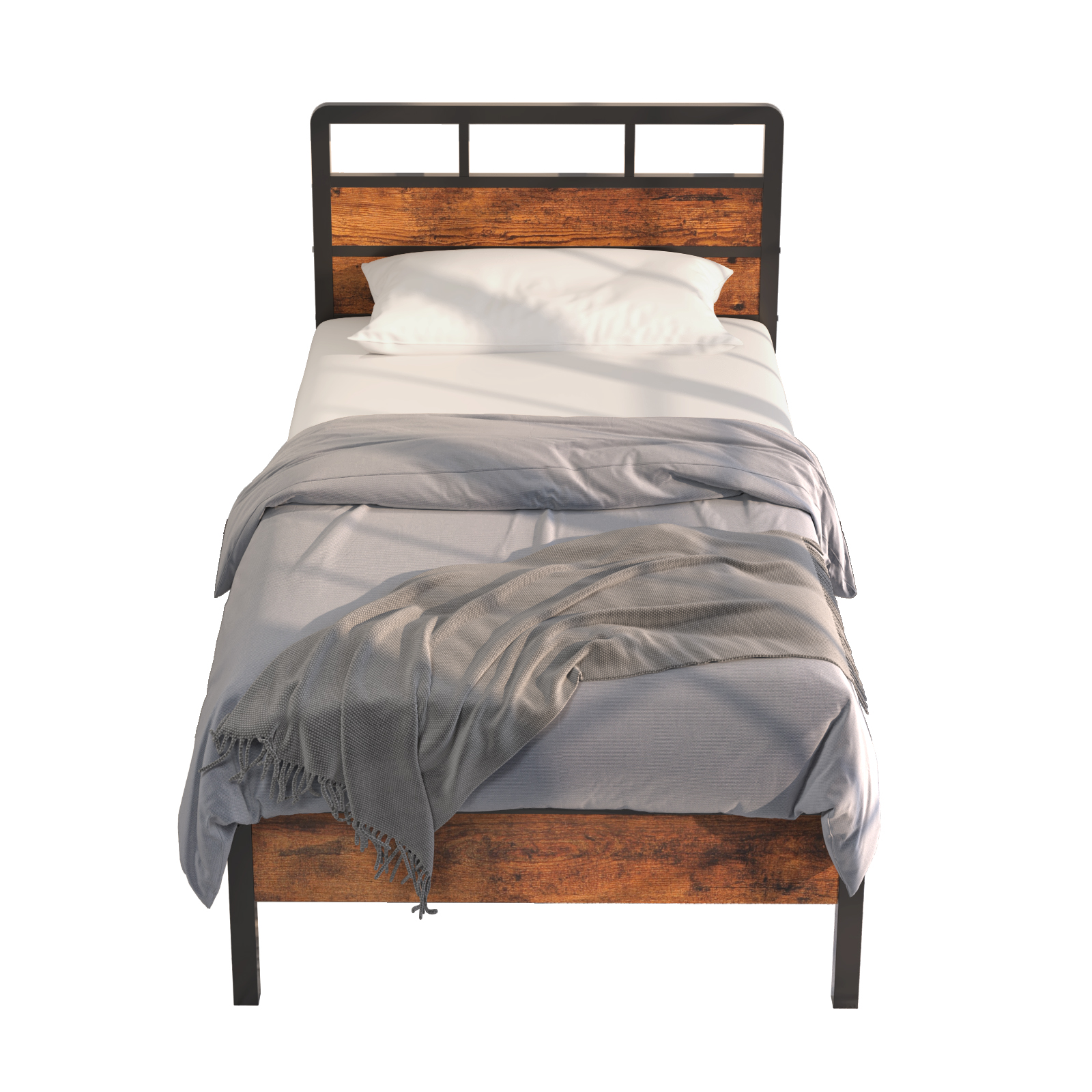 Twin Size Metal Platform Bed Frame with Headboard & Footboard, Retro Wood Grain, Arc Corner Design More Secure for Family, Large Under Bed Storage, Easy Assemble