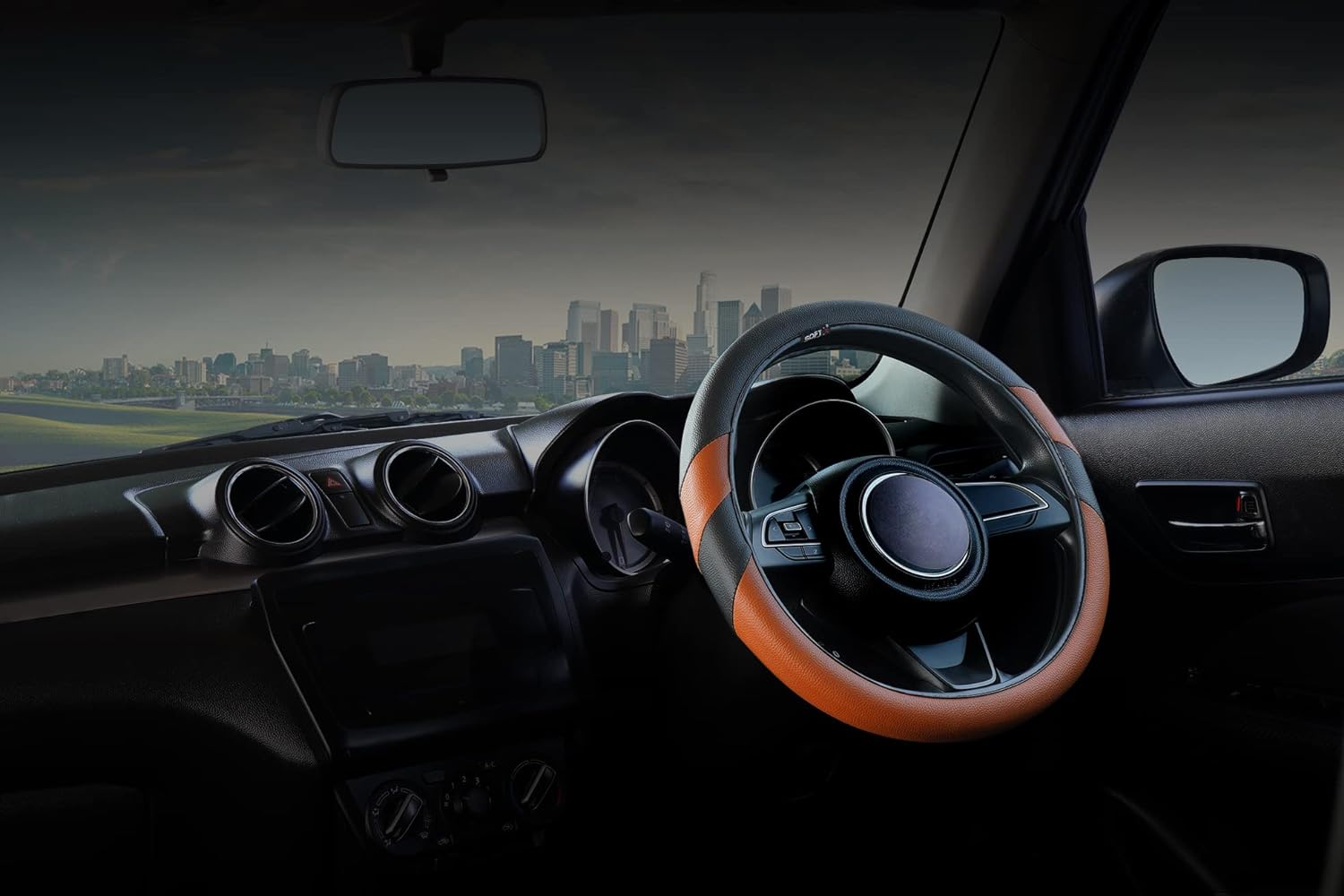 Premium Faux Leather Car Steering Wheel Cover Universal Size Black & Tan