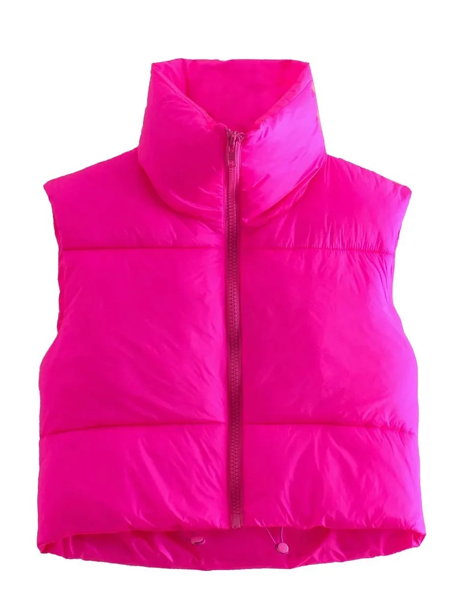 Hotian Women Winter Crop Puffer Vest Jacket Sleeveless Padded Gilet Hot Pink M